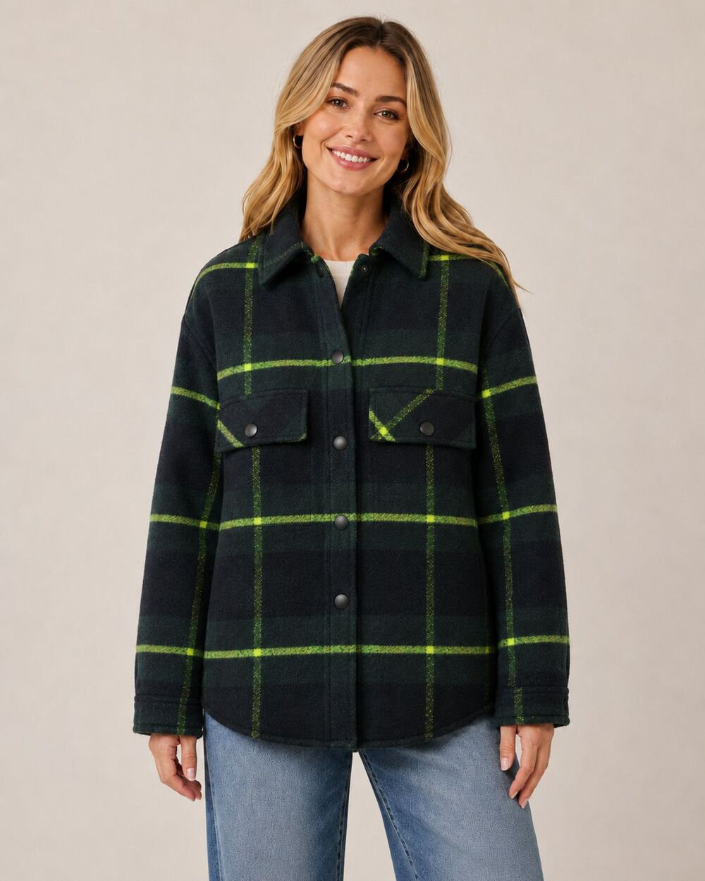 Zara Womens XS Plaid Wool Blend Padded Oversized Shacket Black Green Neon